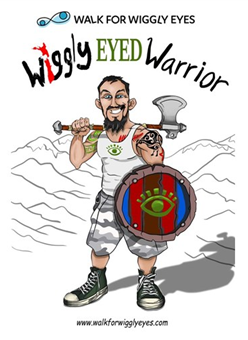 Cartoon image of warrior with shield with logo of eye
