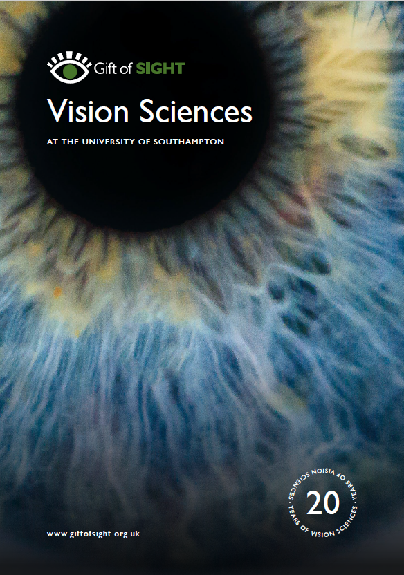 Front cover of 20 years of Vision Sciences brochure. Close up photo of an eye with Gift of Sight logo and 20 years date stamp